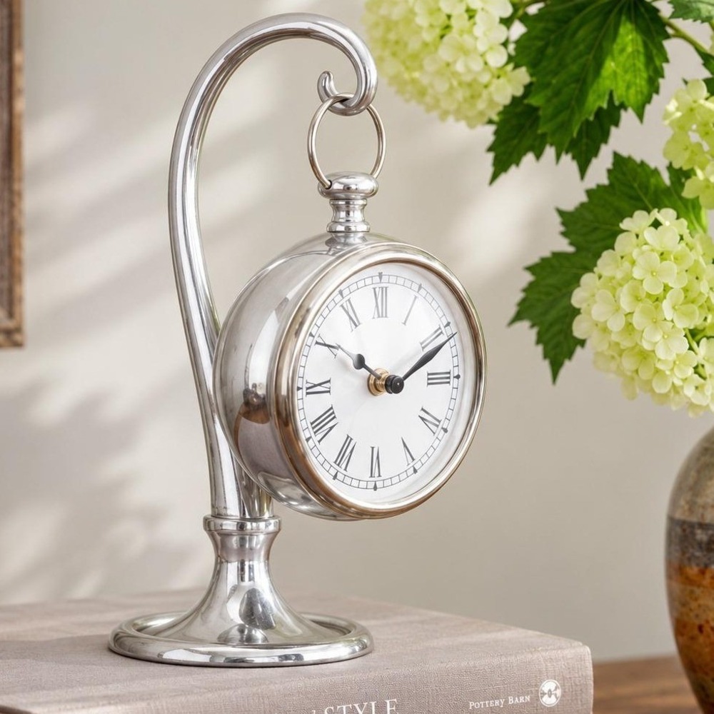 Pottery Barn Pendant Clock Silver Hanging Pocket Watch Curved Stand 10" 2010s